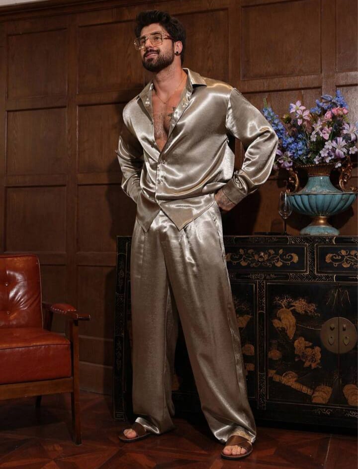 DAZY Men's Gold Satin Long Sleeve Shirt And Pants Set Vacation Casual Style Spring / Summer